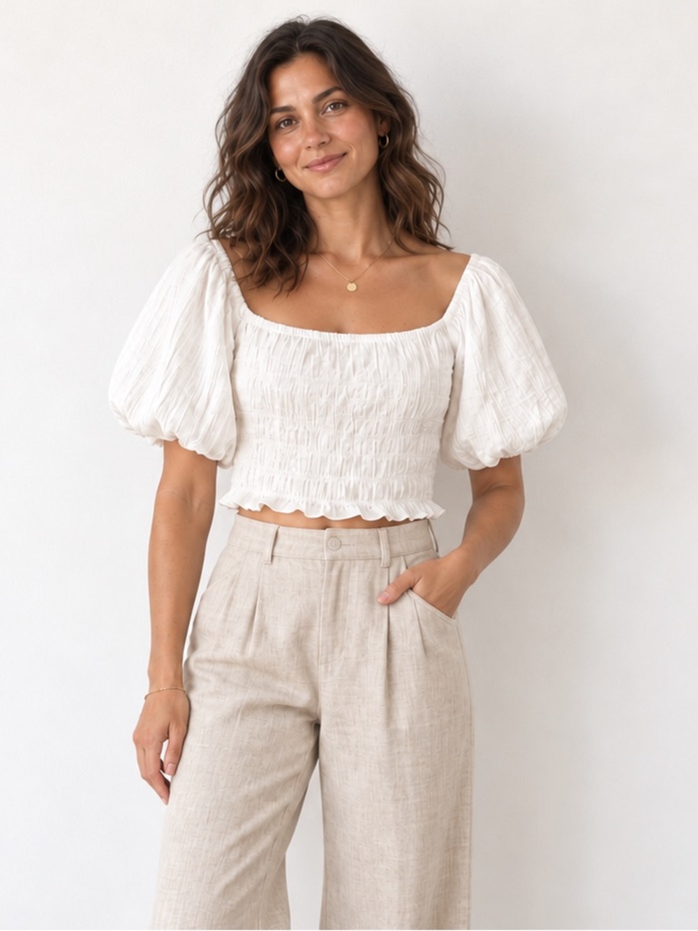 H&M White Smocked Puff Sleeve Square Neck Crop Top